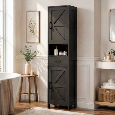 Grande armoire de rangement pour salle de bain avec 2 portes de grange, tablette réglable et tiroir, noir