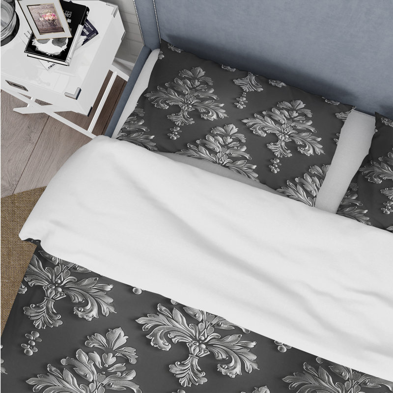Ensemble de housse de couette traditionnel à imprimé damassé noir et argent Glamour III