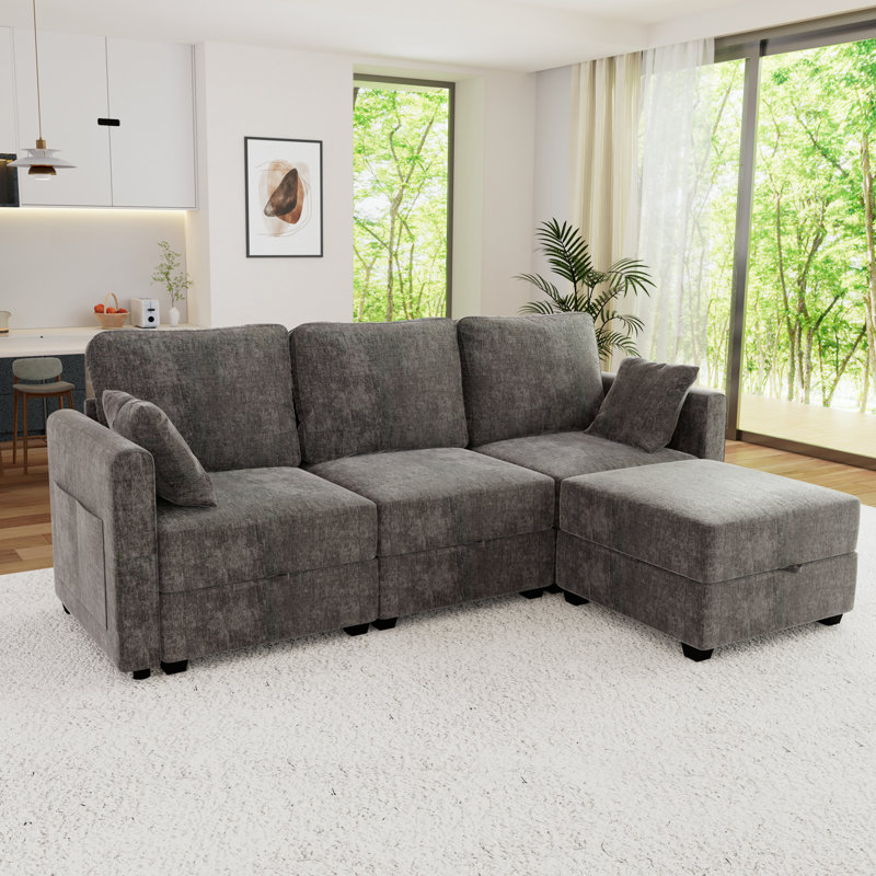 Canapé modulaire en L pour salon, Chenille beige, H 44 po x l 126,7 po x P 31,1 po