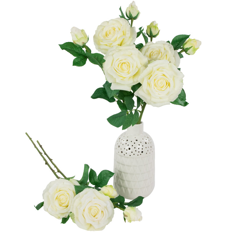 Set of 6 White Real Touch Artificial Rose Stems