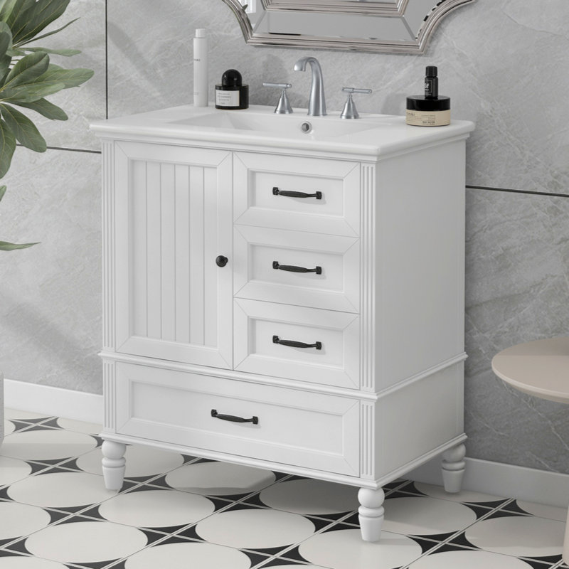 Meuble-lavabo de 30 po avec lavabo, armoire de salle de bain avec porte, 3 tiroirs, pieds en bois massif et panneau de fibres à densité moyenne, patins réglables,