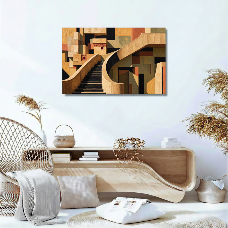 Art mural sur toile, escalier incurvé et blocs géométriques dans des tons chauds de terre, 24"H x 36"W