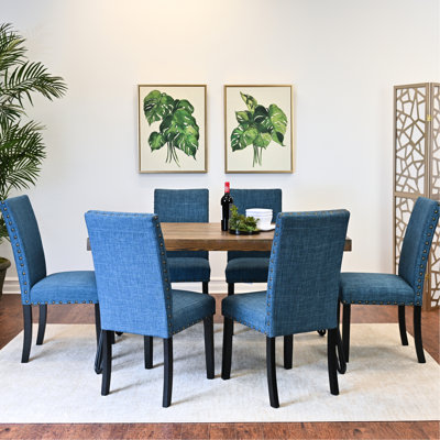 Ensemble de salle à manger 7 pièces comprenant une table à pieds et 6 chaises, en pin foncé rustique de qualité, piètement robuste, chaises recouvertes de tissu, avec un design attrayant, en bois d'ingénierie.