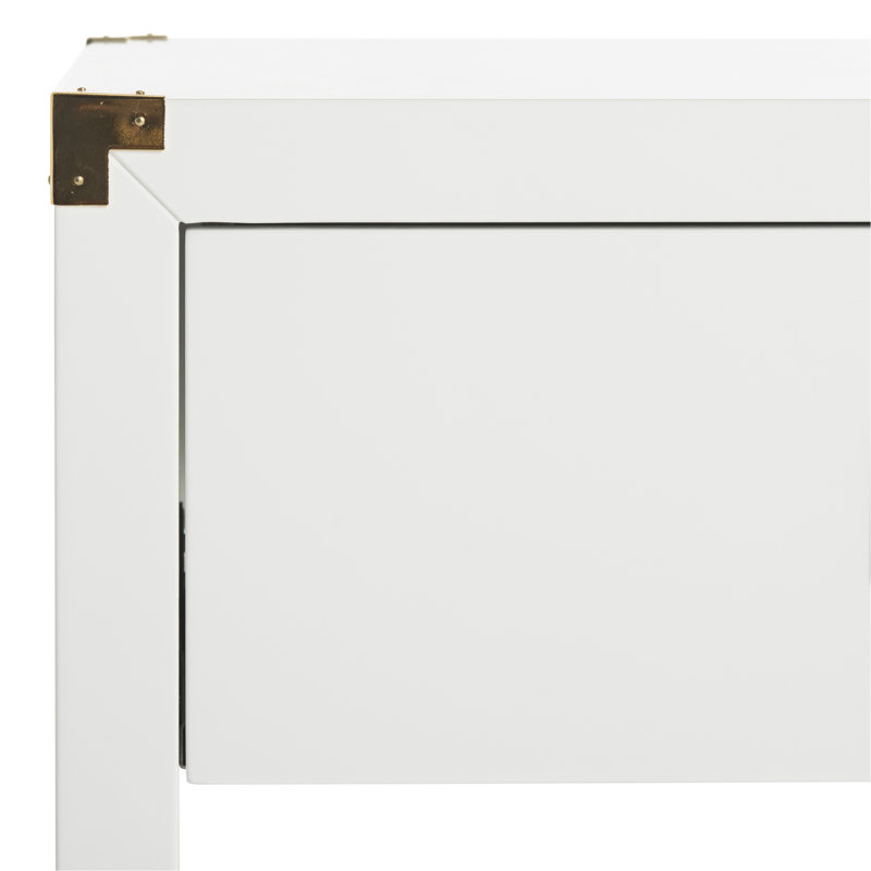White Lacquer Rectangular Side Table with Brass Accents and Storage