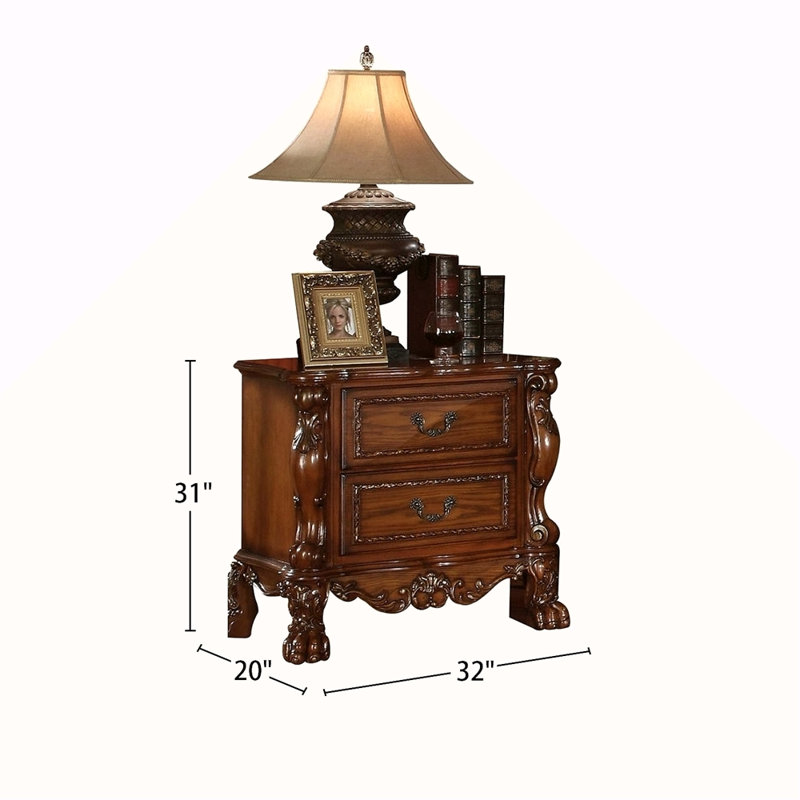 Table de chevet en bois massif avec 2 tiroirs au fini os rétro, Brun
