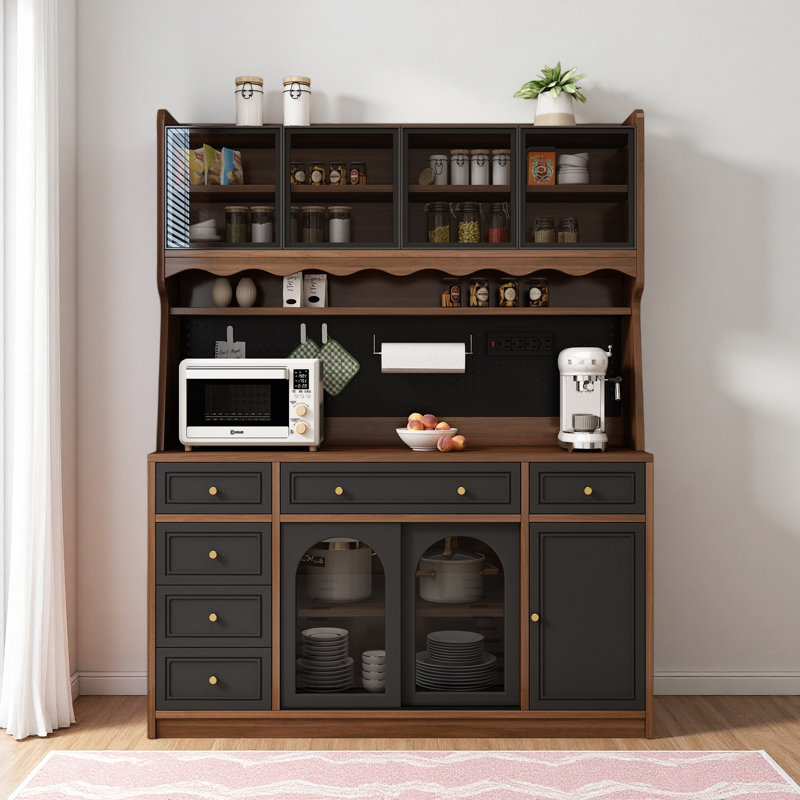 Armoire de rangement sur pied l 63 po avec huche, grand bar à café avec 6 tiroirs, 4 armoires avec tablettes réglables