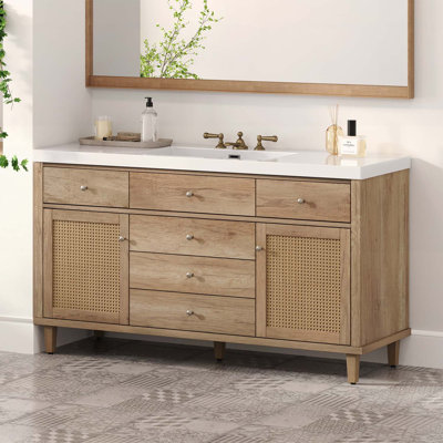 60-Inch Modern Bathroom Vanity with Sink,Large Storage,Soft-Close Drawers,Rattan Doors