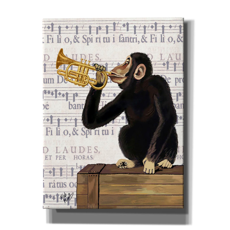 «Monkey jouant de la trompette» par Fab Funky, art mural sur toile, H 54 po x l 40 po x P 1,5 po