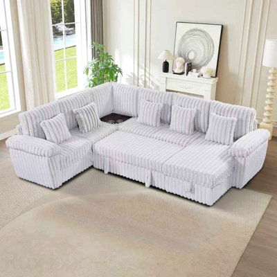 Canapé modulaire en velours côtelé très doux de 110 po en velours côtelé avec rangement et lit escamotable, table basse d'angle avec porte-gobelet et port USB; Convient au salon, canapé modulaire en velours côtelé confortable