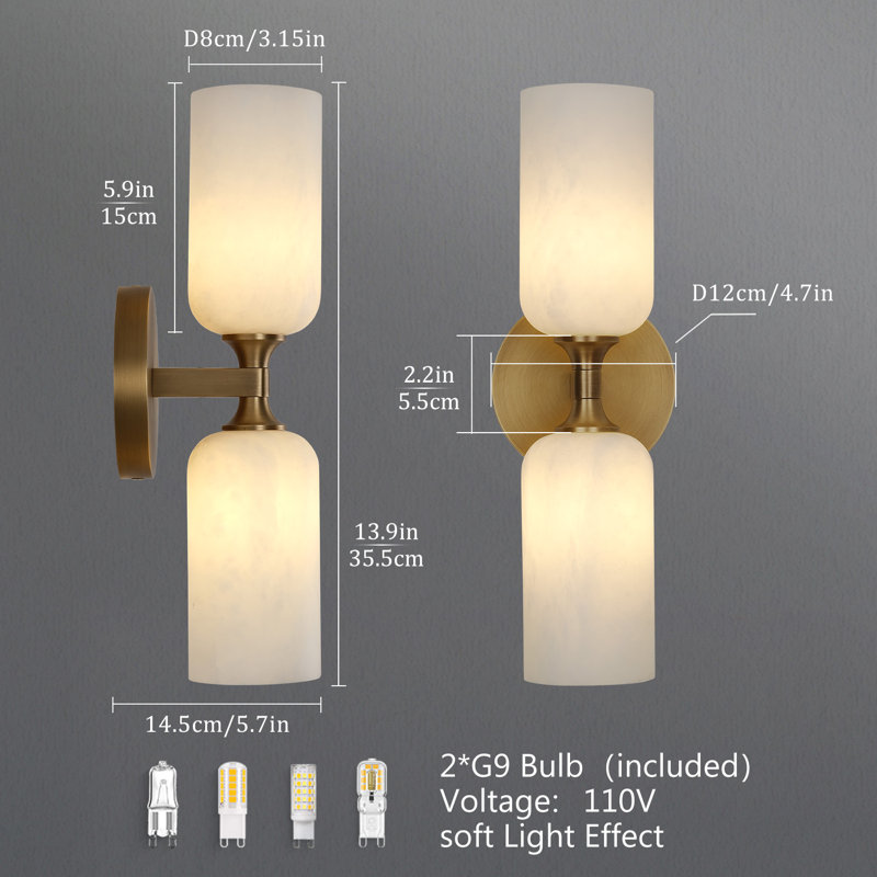 2 - Light Armed Alabaster Wall Sconce Light With Alabaster Shade (Set of 2)