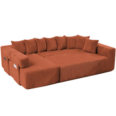 [NOUVEAUTÉ] [VIDÉO FOURNIE] Canapé-lit modulaire convertible en forme de U à 5 places de 146 po, revêtement en velours côtelé de polyester, orange, 8 coussins décoratifs inclus