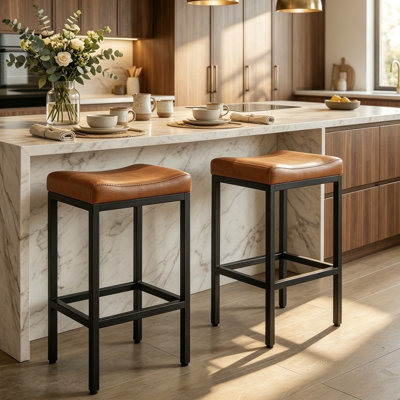 Bar Stools Set Of 2, 29.25" Backless Counter Height Bar Stools With Soft Leather Seat And With Footrest, 300 LB Heavy Duty Padded Saddle Barstool Chair For Modern Kitchen Island Counter