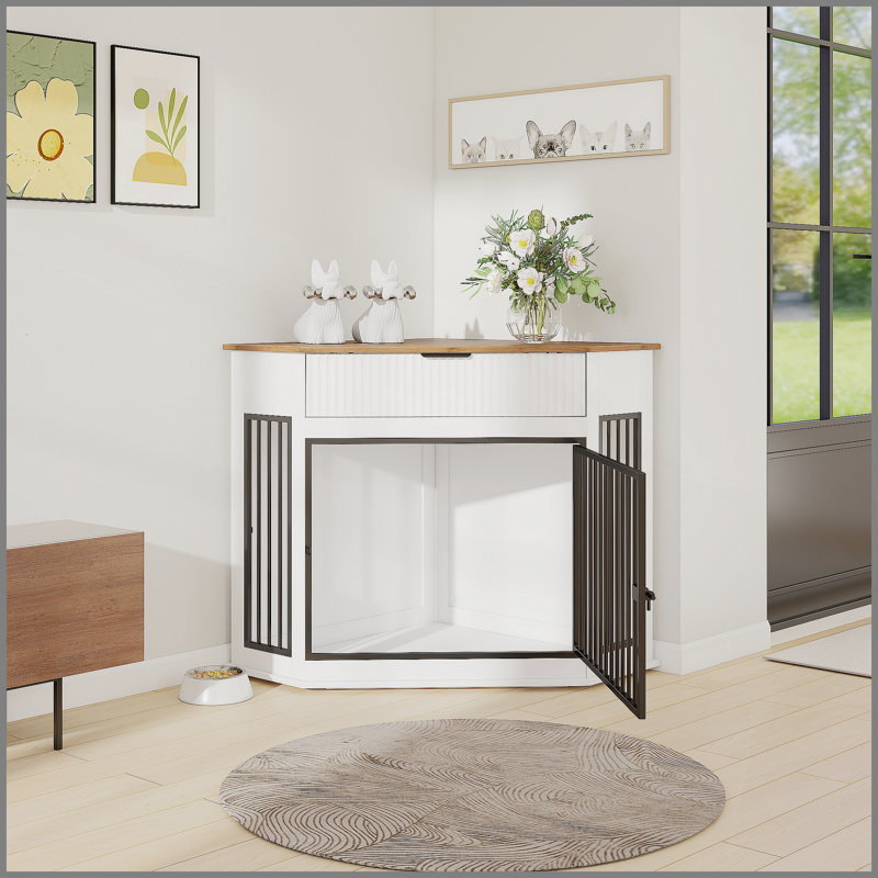 Meuble de coin en MDF pour chiens de petite / moyenne taille, table de bout décorative pour chenil avec tiroir cannelé, armoire moderne pour la maison