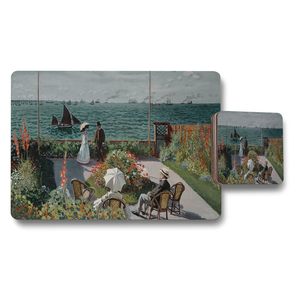 Impressionist Seaside Garden Placemat And Coaster Set With Ocean View