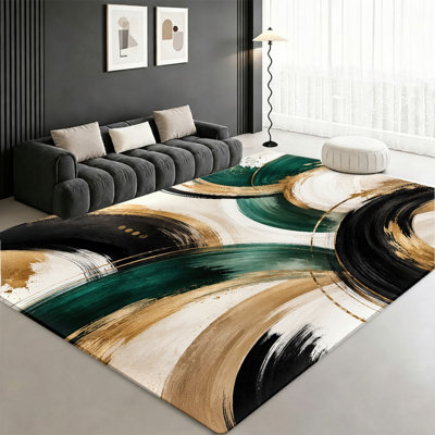 Abstract Brushstroke Machine Washable Area Rug with Non‑Slip Backing, Emerald Green Black Gold Swirls Pattern Floor Carpet, Cozy Indoor Home Decor for Living Room, Bedroom, Office, Entryway, Kitchen, Balcony