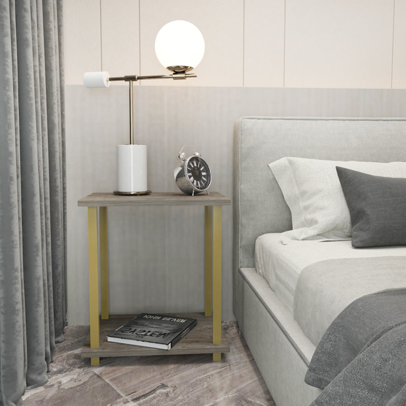 Calvester Nightstand - Modern Square End Table with Lower Shelf, Gold/Dark Oak