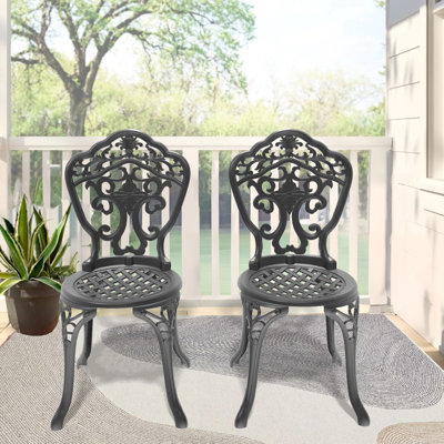 2 pièces de sièges de patio en fonte d'aluminium, noir, motifs ornés, corrosion, base coulissante, chaises relaxantes 2 pièces, cadre noir, peinture artistique artistique, coussin, surface