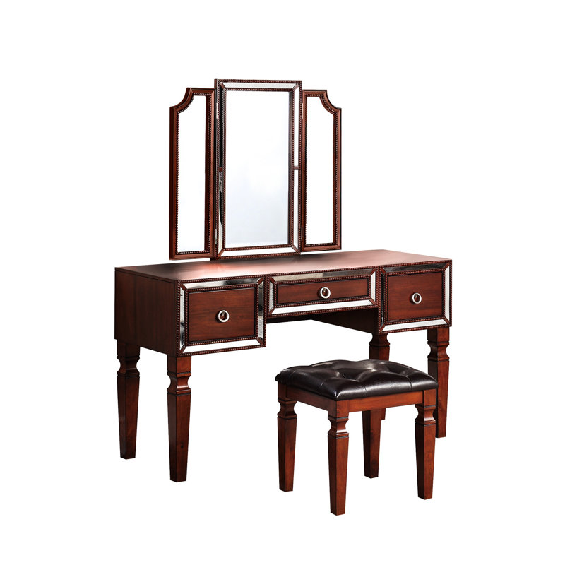 Luxurious Bedroom Vanity - Cherry Color, 3 Drawers, And Tri Mirror Majestic Color With Stool Drawers