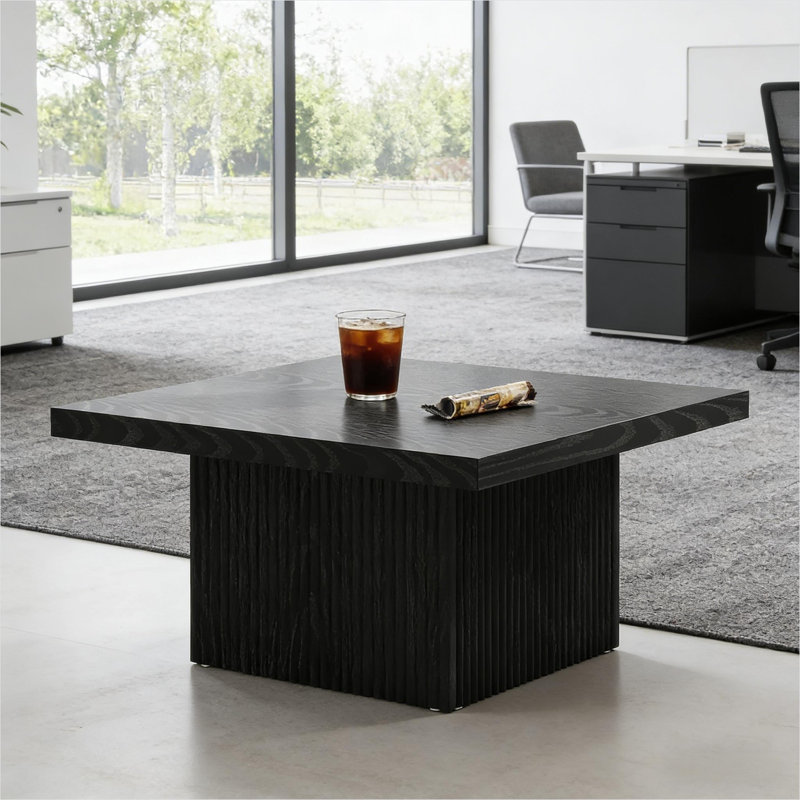 Table basse carrée en bois d'ingénierie noir mat avec base en bloc Mid-Century, 31,5 pouces, pour le salon