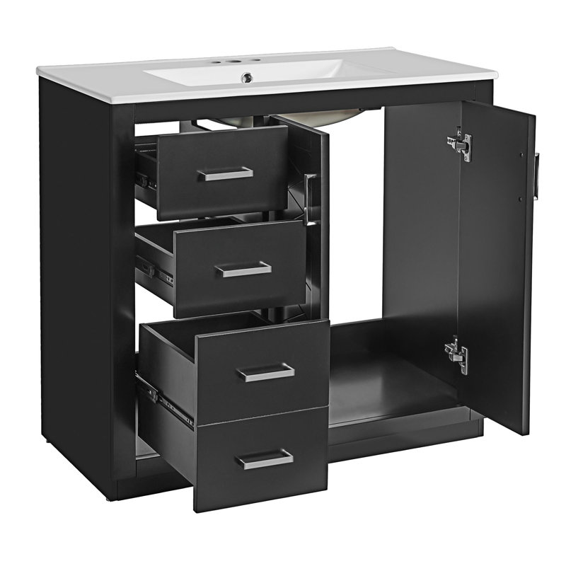 Ensemble de meuble-lavabo autoportant avec lavabo en céramique, Noir, Argent argent