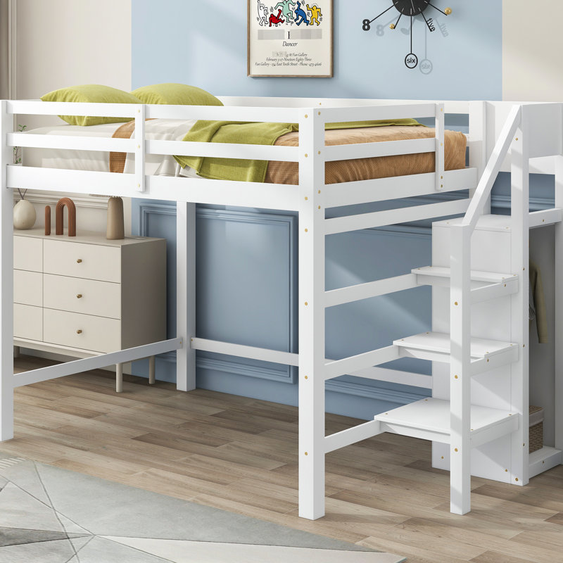 Lit mezzanine blanc avec rangement intégré et escalier - Structure en bois de pin pour chambre double avec espace, Blanc