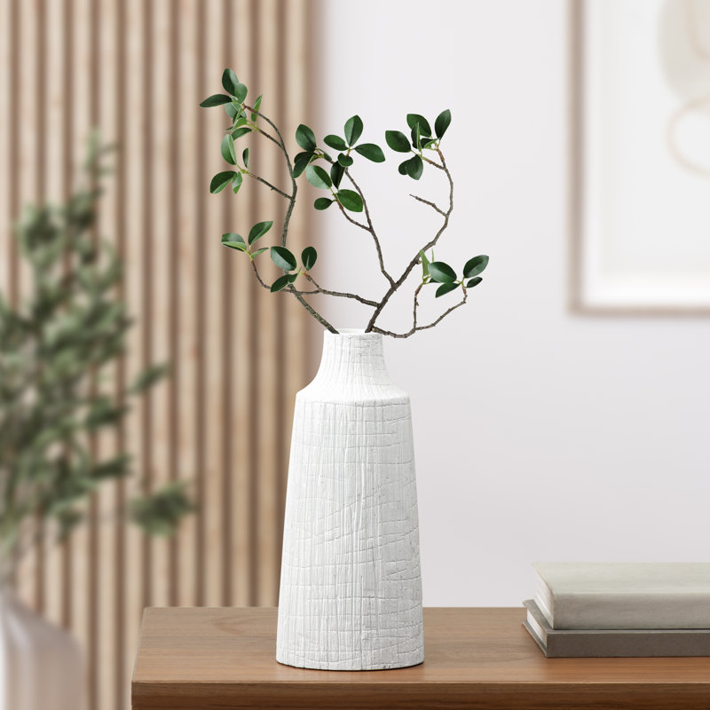 Tree Trunk Textured Etched Resin Table Vase, White, 12" H x 5.25" W x 5.25" D