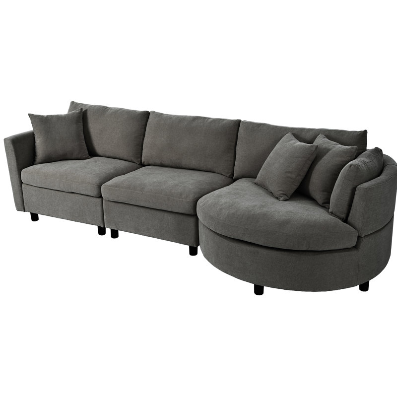 Canapés courbés pour trois personnes pour un appartement - Matériau, rembourrage, coussins amovibles, salle d'étude avec structure en bois: 3 avec coussins amovibles. Structure haute mousse. Tissu chenille,. Gris. Pour le salon,