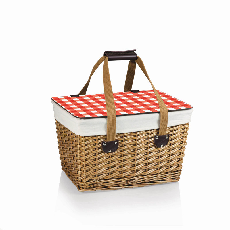 Small Natural Wicker Picnic Basket with Red Gingham Lid