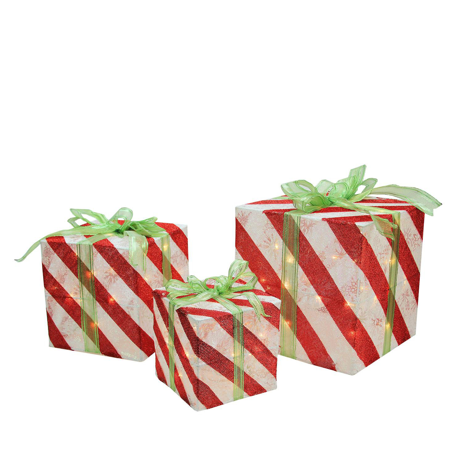 Northlight Seasonal Set of 3 Lighted White and Red Striped Gift Box