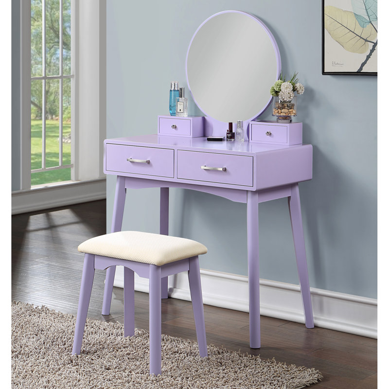 Wood Vanity And Stool Purple - Modern Table , Metal Drawer Pull, 12.6"W Dimension Stool, Pull For Easy Opening, Purple