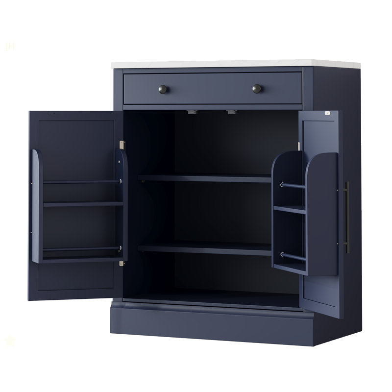 Modern Freestanding Kitchen Pantry,Buffet Food Storage, Coffee Bar Cabinet With Drawer, 2 Adjustable Shelves And 2 Door Shelves For Dining, Kitchen, Set Of 2, Blue