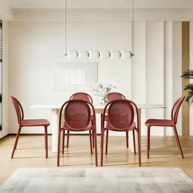 Chaises de salle à manger empilables et sans accoudoirs avec dossier rond rétro, Rouge brique
