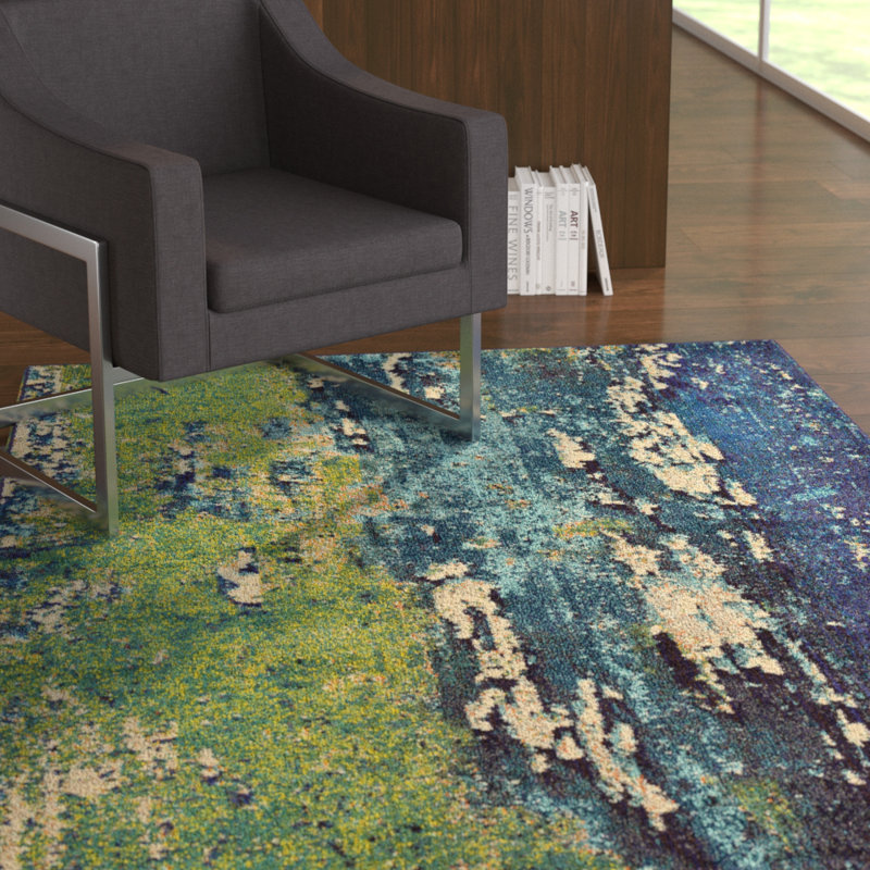 Tapis abstrait vert / bleu marine Rizer, Rectangulaire 7 pi 1 po x 10 pi
