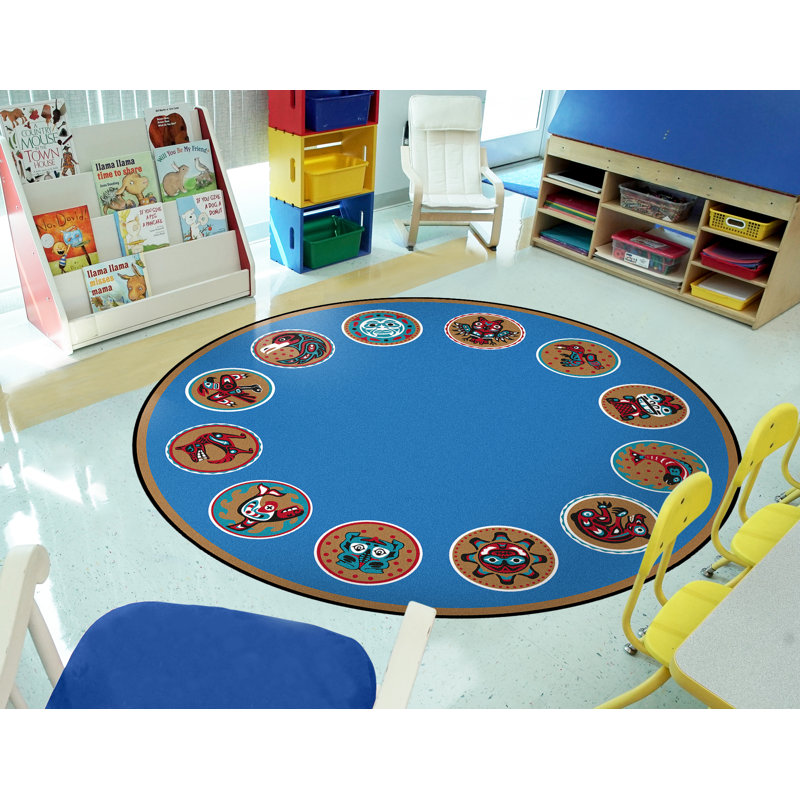 Tapis géométrique bleu, Rond 7 pi 7 po