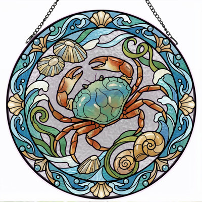 Crab Ocean Stained Glass Window Panel，12"H