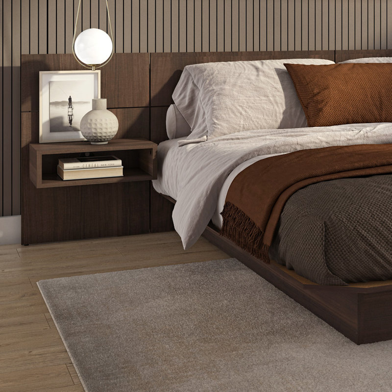 ZEN ALPHA Bedroom Platform Bed with Headboard and Wall Mounted Cube Nightstands (2) Easy Assembly No Box Spring Required