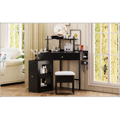 Corner Vanity Desk Set With Storage, Cushioned Stool, And Charging Station, Glass Tabletop Makeup Vanity With Drawer And Shelf