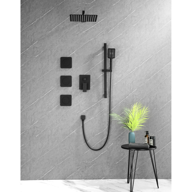 Matte Black Shower With Head, Hand Shower, Slide Bar, Bodysprays. Arm, Hose, Valve Trim, Lever Handles. Natural Water Immersion. . Brass System Style. Bodysprays, Rainlike Experience. Brass. Wall
