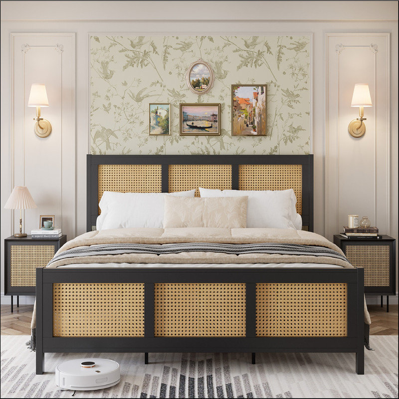 Bed Frame with Headboard, Bohemian Platform Bed Frame with Strong Metal Slats Support, No Box Spring Needed, Noise-Free Design