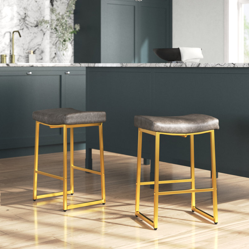 Antisha 24" Counter Stool with Faux Leather Seat & Built-In Footrests, Gray/Gold
