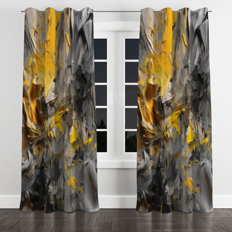 Mustard Yellow And Vivid Gray V - Abstract Velvet Grommet Curtain - 1 Panel, 52" W x 108" L, Silver Grommets