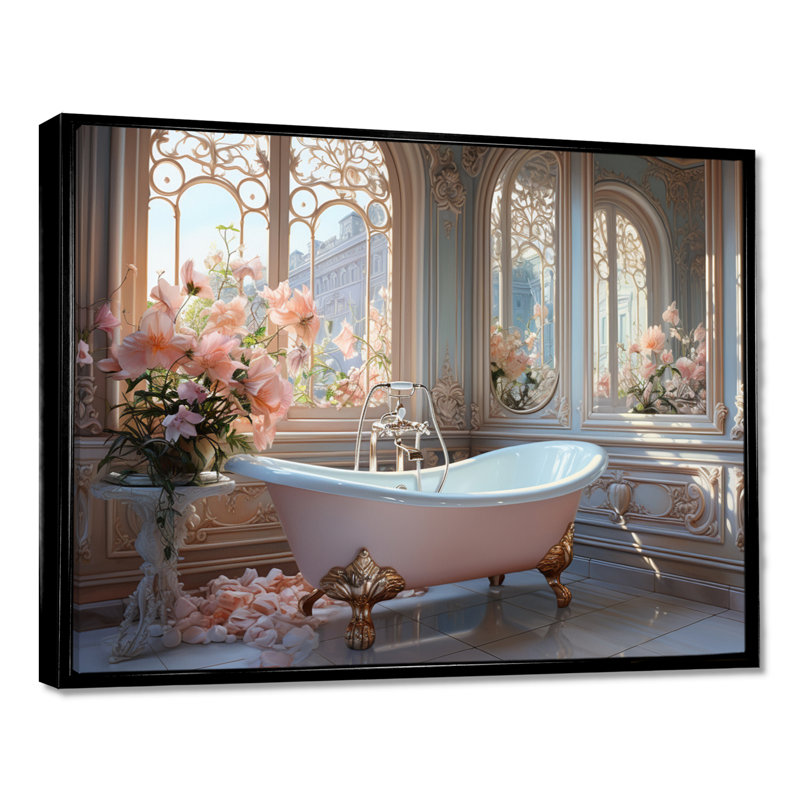«Bathroom Ethereal Glow III» - Impression sur toile encadrée pour salle de bain, Cadre flottant noir