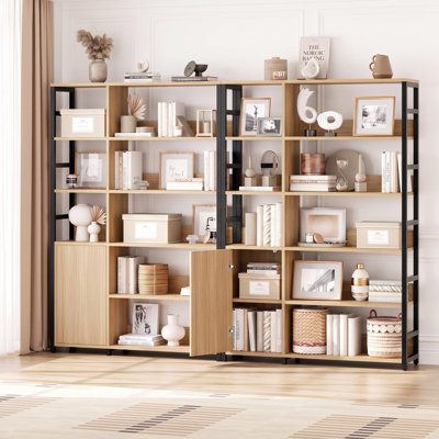 71" Industrial Bookshelf with Doors, Tall Display Rack with Metal Frame & Adjustable Shelf, Modern Storage Cabinet for Living Room, Natural