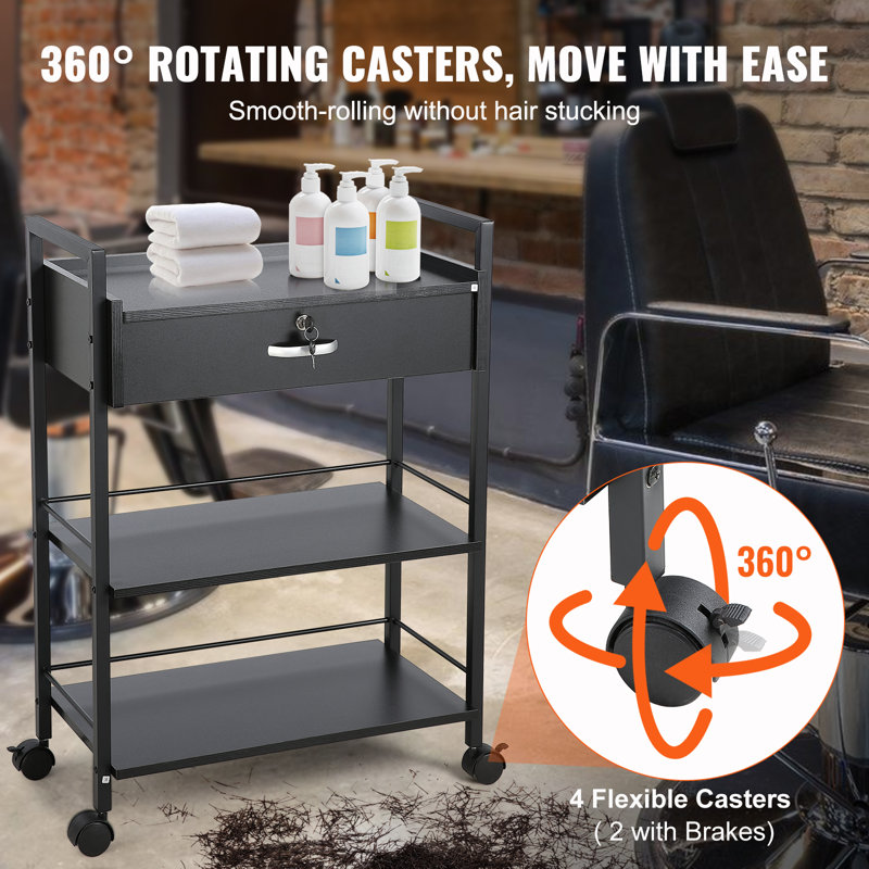 Black Medium MDF and Steel 3-Tier Salon Trolley Cart with Lockable Drawer