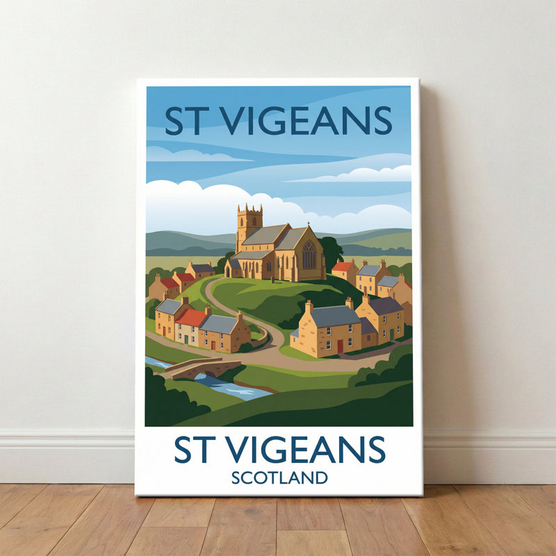 St Vigeans, Scotland - Romantic Travel Poster of Ancient Church and Village. Giclee Print on Wrapped Canvas. Wall Art, Home Decor - Religious & Cultural Sites, Scotland 1 Piece Wrapped Canvas Wall Art