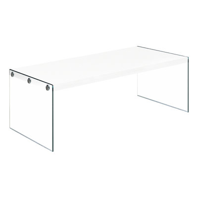 Table d'appoint en stratifié blanc brillant pour le salon, L 44 po, verre trempé transparent, café rectangulaire contemporain moderne en stratifié, avec cocktail de chambre