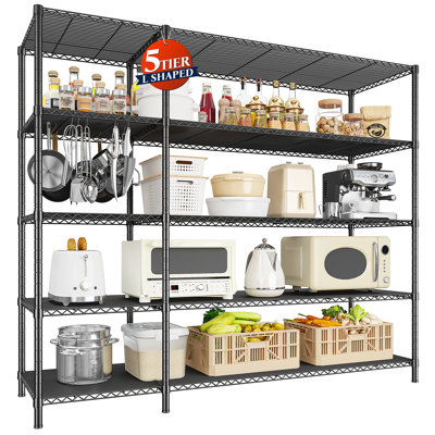 5-Tier Adjustable Metal Wire Shelving Unit, 52.4" W Heavy Duty Ventilated Storage Rack, L-Shape & Straight Configurations for Garage, Kitchen, Pantry