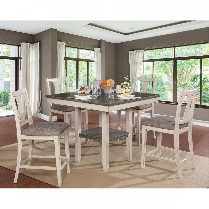Dining Set 5-Piece Rustic, Counter Height, White Wooden, Dining Room Furniture