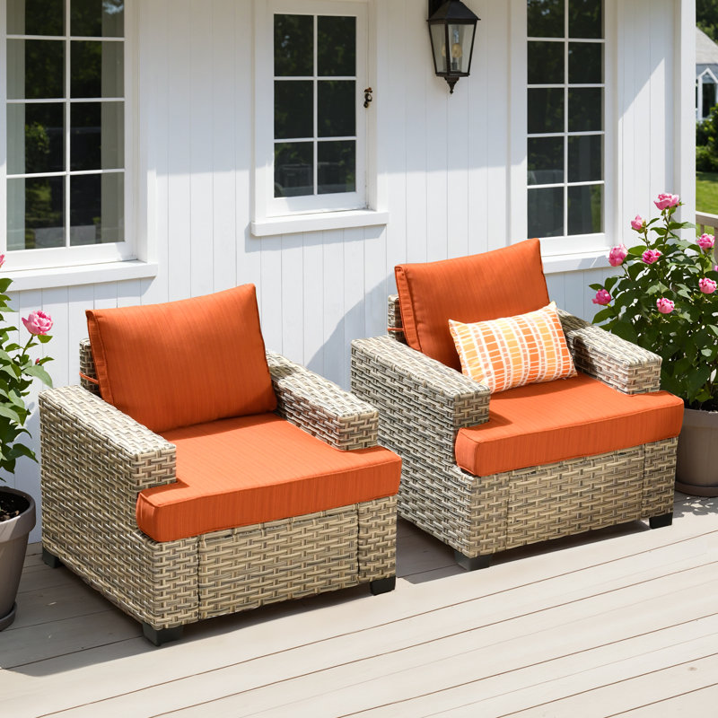 Wahkon 2 - Person Outdoor Wicker Chairs, All Weather Rattan Chairs 2-Seater with Comfy Cushions, Orange Red