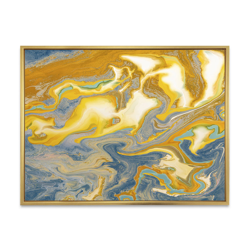 Jaune et bleu vagues de marbre I - peinture sur toile, H 16 po x l 32 po x P 1 po, Cadre flottant doré